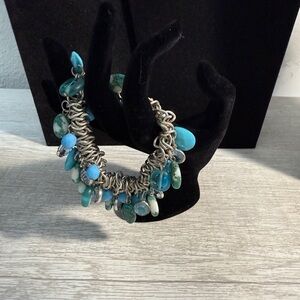 Bracelet Beads and Bangles Silver, Turquoise, and Teal Stretchy—Preowned
